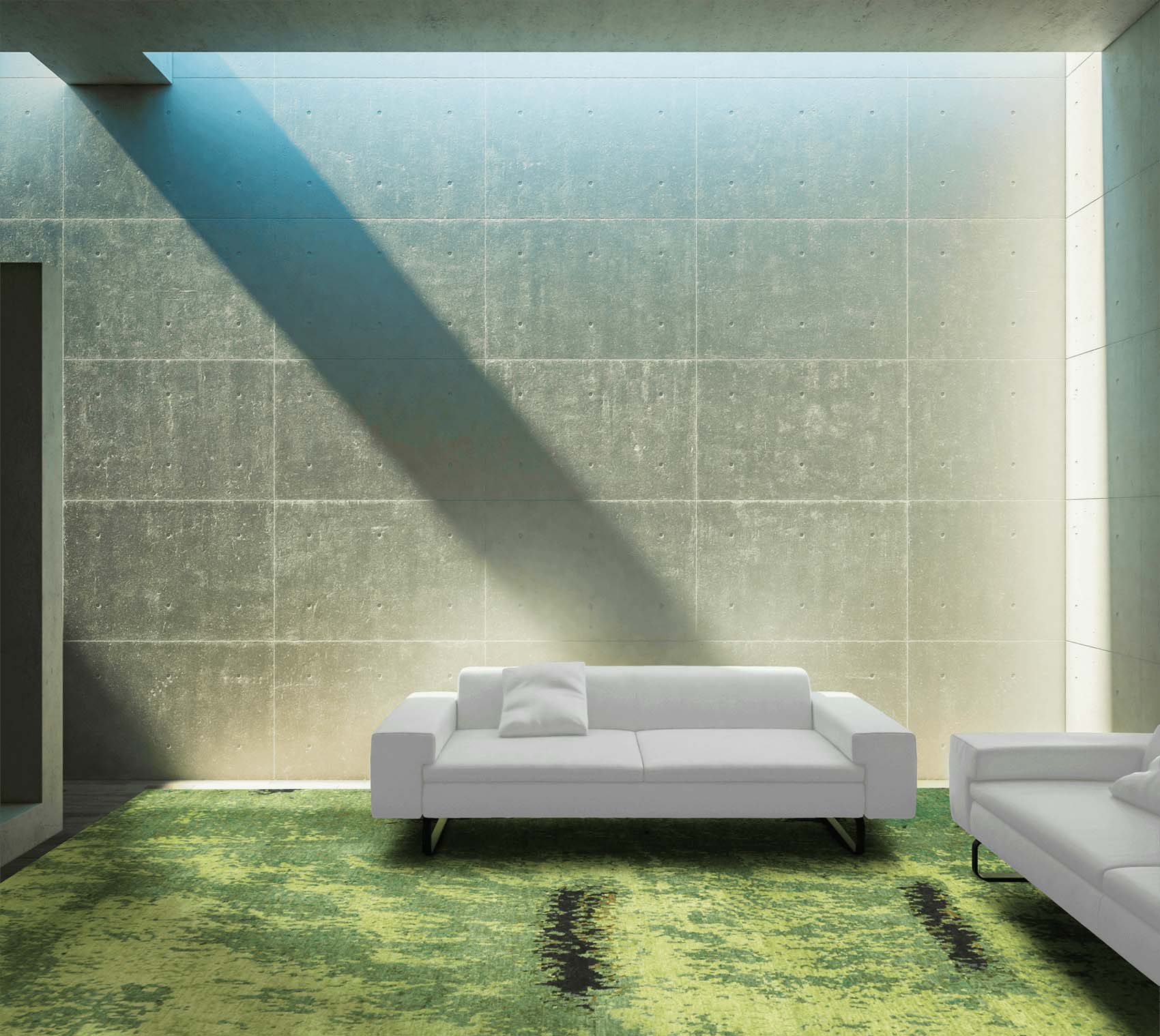 Wohnzimmer mit weißem Sofa und grünem Teppich Euphorbia - Geba rugs