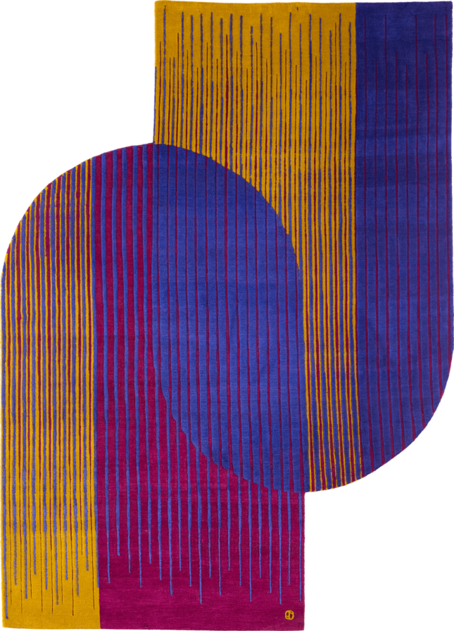 Geba Teppich "Transitions" entworfen von Labvert, Stephan Vary aus Wien, aus Nepal, besteht aus zwei ineinander verschmelzenden Teppichen mit abgerundeten Seiten, in gelb-violett-blau, aus Nepal, gefertigt aus tibetischer Hochlandschafwolle - Produktbild - Geba Teppich