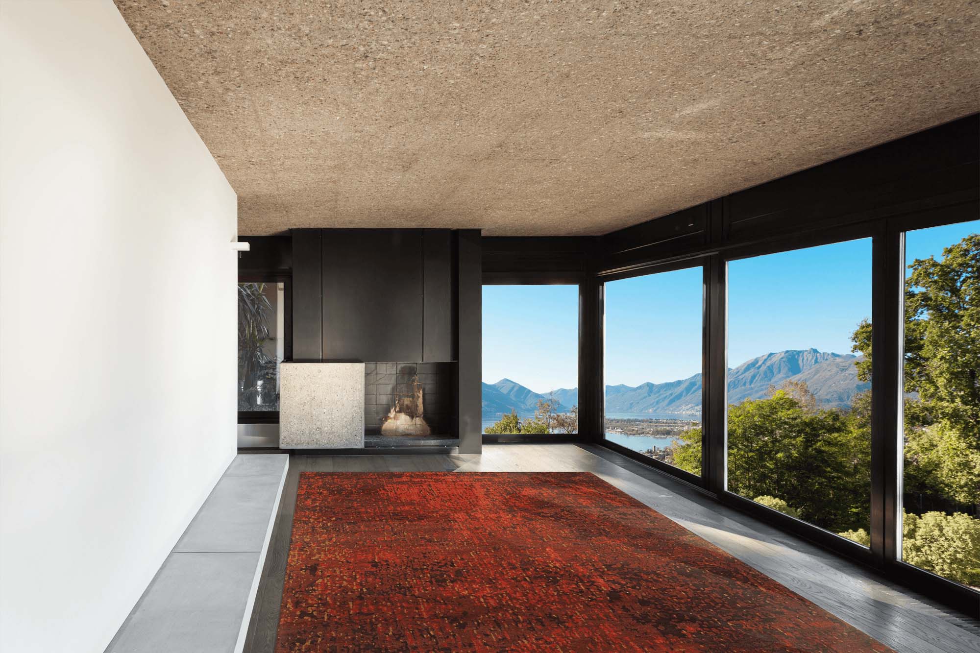 Wohnzimmer mit Glasfront und rotem Teppich Japel - Geba rugs