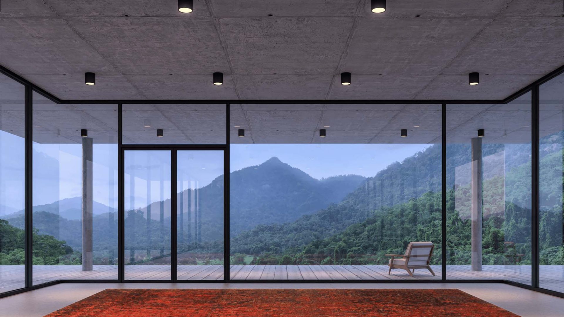 Wohnzimmer mit Glasfront und rotem Teppich Japel - Gehab rugs