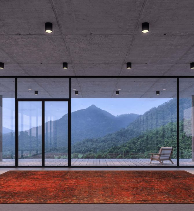 Wohnzimmer mit Glasfront und rotem Teppich Japel - Gehab rugs