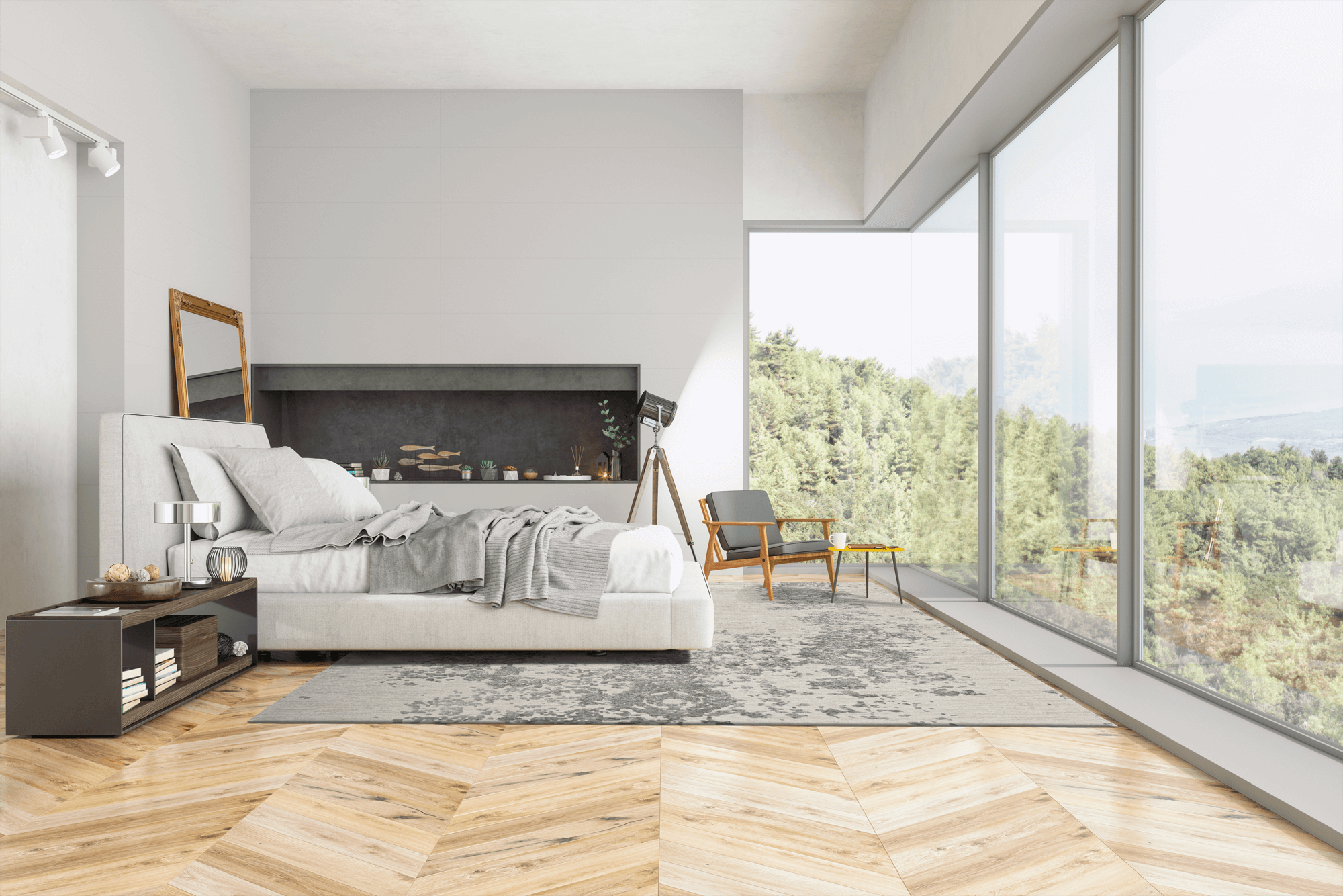 Schlafzimmer in modernem Haus und schöner Aussicht, große Glasfläche und Geba Teppich "Vintage grey" - Geba Teppich