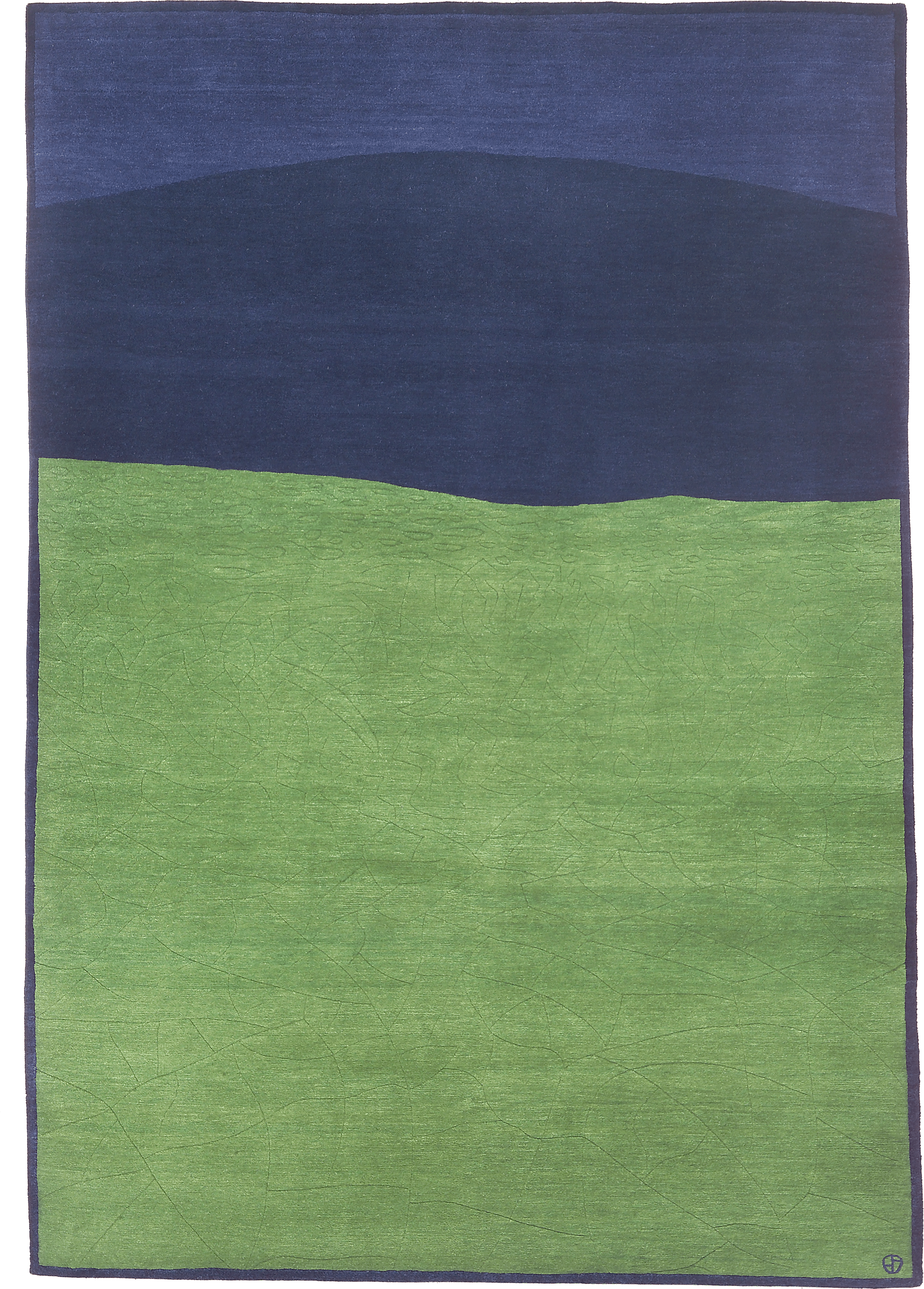 Geba Teppich "Desert green" unterteilt in 3 Flächen, grün-dunkelblau-blau, mit dunkelblauer Bordüre, feine Musterung auf der großen Fläche, aus Nepal, 100 Knoten, gefertigt aus tibetischer Hochlandschafwolle - Produktbild - Geba Teppich