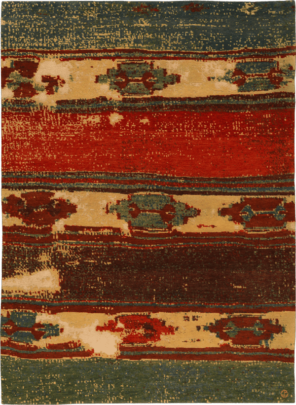 Geba Teppich "Konya" einem traditionellem Textil nachempfunden, in rot-braun-indigoblau und beige, mit Reliefschnitt und Vintage Look, aus Nepal, 100 Knoten, gefertigt aus pflanzlich gefärbter tibetischer Hochlandschafwolle - Produktbild - Geba Teppich