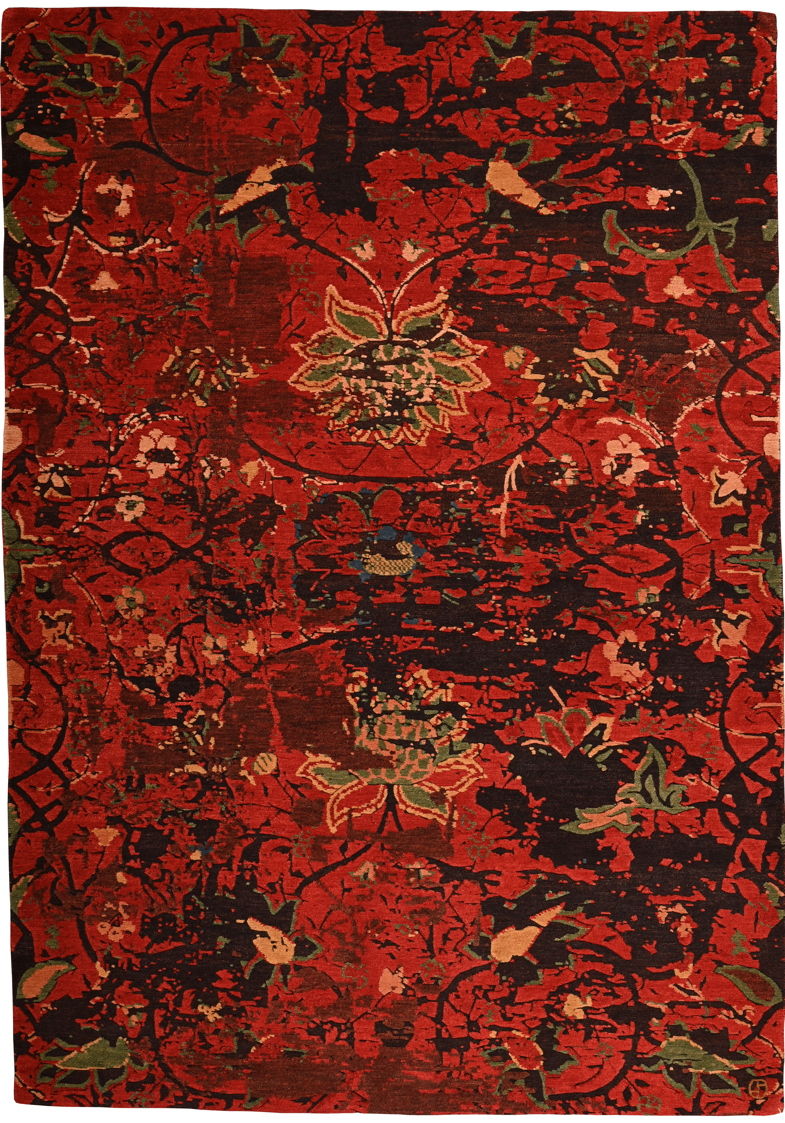 Geba carpet "Wangchuk" with floral pattern, tibetan motives, in red-brown-green-beige, relief cut, from Nepal, 100 knot, made of vegetable dyed sheep's wool - product picture - Geba carpet