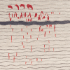 Geba Teppich "Babchu" in hellbeige mit gewellten horizontalen grauen Linien, eine dicke graue Linien in der oberen Hälfte mit roten Flecken in der Mitte, aus Nepal, 100 Koten, gefertigt aus tibetischer Hochlandschafwolle - Produktbild - Geba Teppich