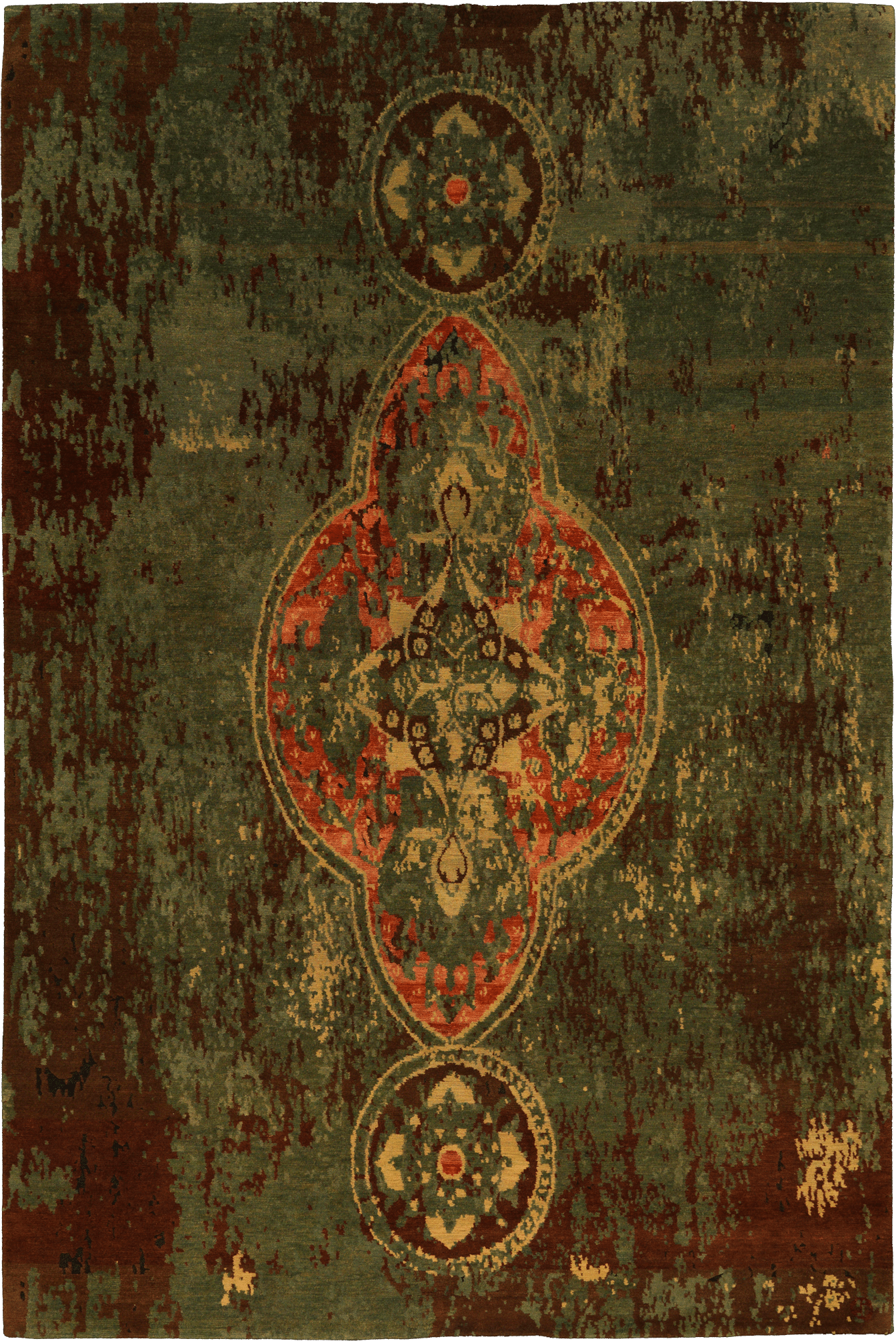 Geba Teppich "Arabia" in dunkelgrün-braun-rot und gelb im klassischen Design mit zentralem Motiv, aus Nepal, 100 Knoten, gefertigt aus tibetischer Hochlandschafwolle - Produktbild - Geba Teppich