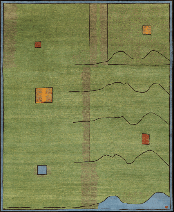 Geba carpet "Versus" in green with yellow, red and blue squares. Mountain like lines and a blue surface. With a border, from Nepal, 100 knot, made of from sheep's wool - product picture - Geba carpet