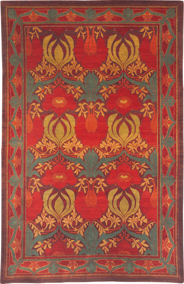 Geba Teppich "Donegal NC" in rot und senfgelb und grün, Anlehnung an einen klassischen Teppich mit Bordüre mit floralem Muster, aus Nepal, 100 Knoten, gefertigt aus pflanzlich gefärbter tibetischer Hochlandschafwolle - Produktbild - Geba Teppich