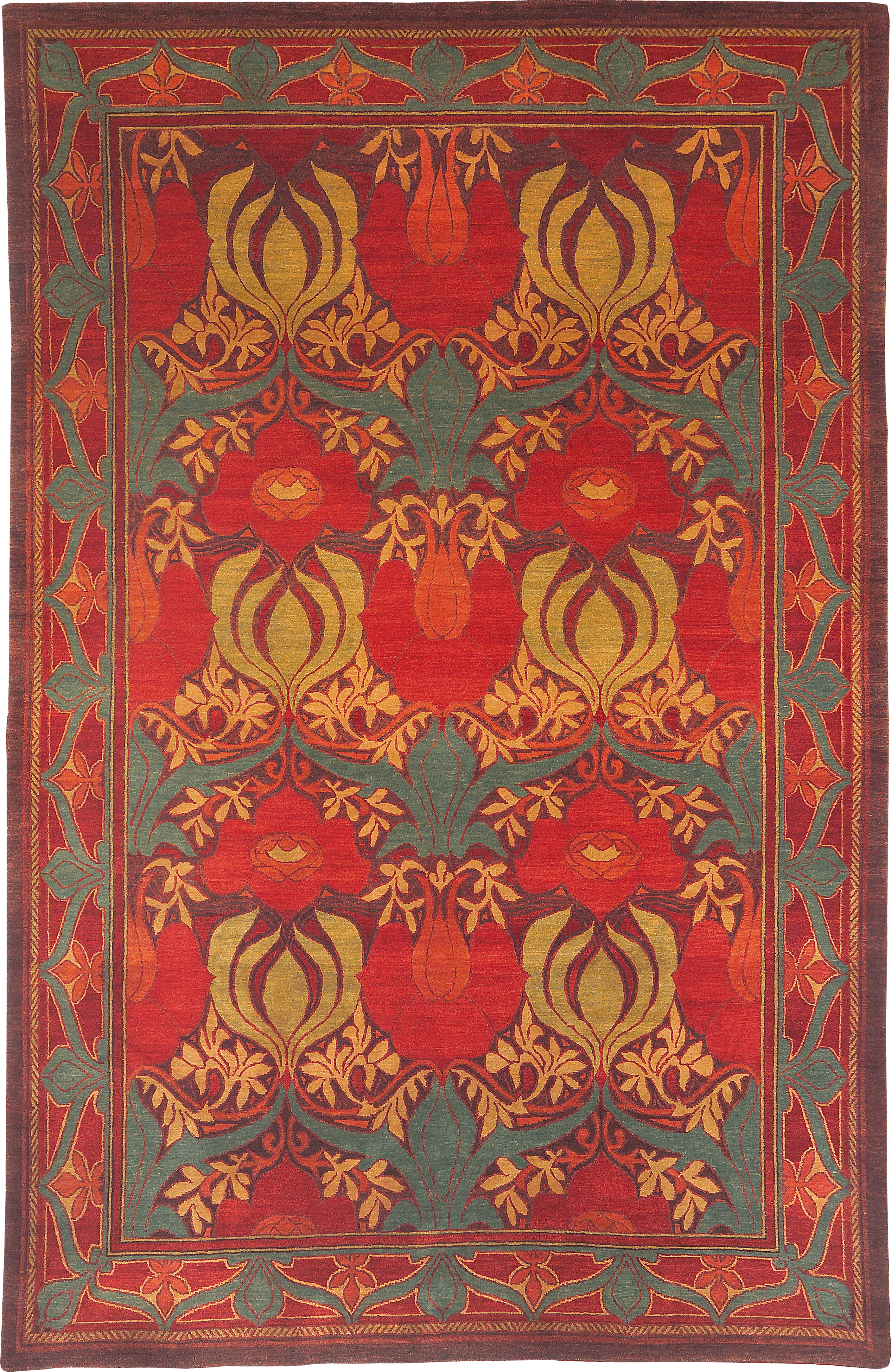 Geba Teppich "Donegal NC" in rot und senfgelb und grün, Anlehnung an einen klassischen Teppich mit Bordüre mit floralem Muster, aus Nepal, 100 Knoten, gefertigt aus pflanzlich gefärbter tibetischer Hochlandschafwolle - Produktbild - Geba Teppich