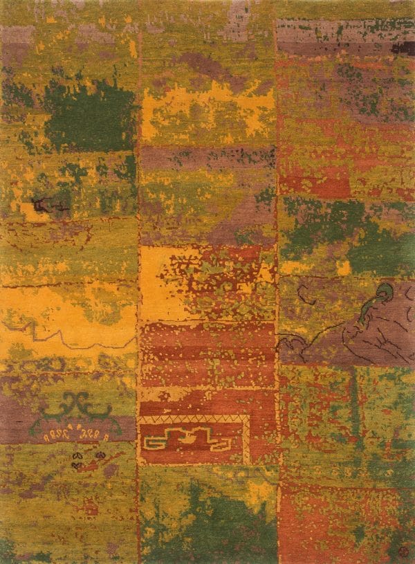 Geba carpet "PW yellow mix" in different shades of green-yellow and red, patchwork and vintage look, from Nepal, 100 knot, made of vegetable dyed sheep's wool - product picture - Geba carpet