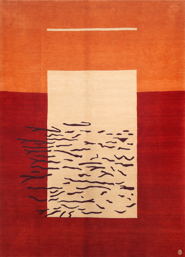 Geba Teppich "Aurus" in unterschiedlichen warmen Farben, orange und rote Fläche mit einer zentralen Box in beige und beige Linie darüber, über der Box verläuft ein Muster aus dunklen Strichen, aus Nepal, 100 Knoten, gefertigt aus tibetischer Hochlandschafwolle - Produktbild - Geba Teppich