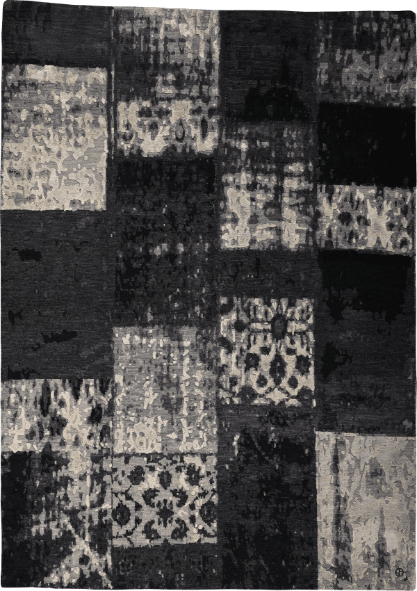 Geba Teppich "PW black silk" in unterschiedlichen grau und schwarz Tönen, Patchwork und Vintage Look, aus Nepal, 100 Knoten, gefertigt aus 90% tibetischer Hochlandschafwolle und 10% chinesischer Seide - Produktbild - Geba Teppich