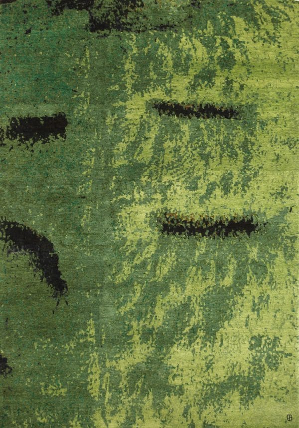 Geba Teppich "Euphorbia" mit abstraktem Design in knackigem grün und einigen Dunklen Flächen, aus Nepal, 100 Knoten, gefertigt aus tibetischer Hochlandschafwolle - Produktbild - Geba Teppich