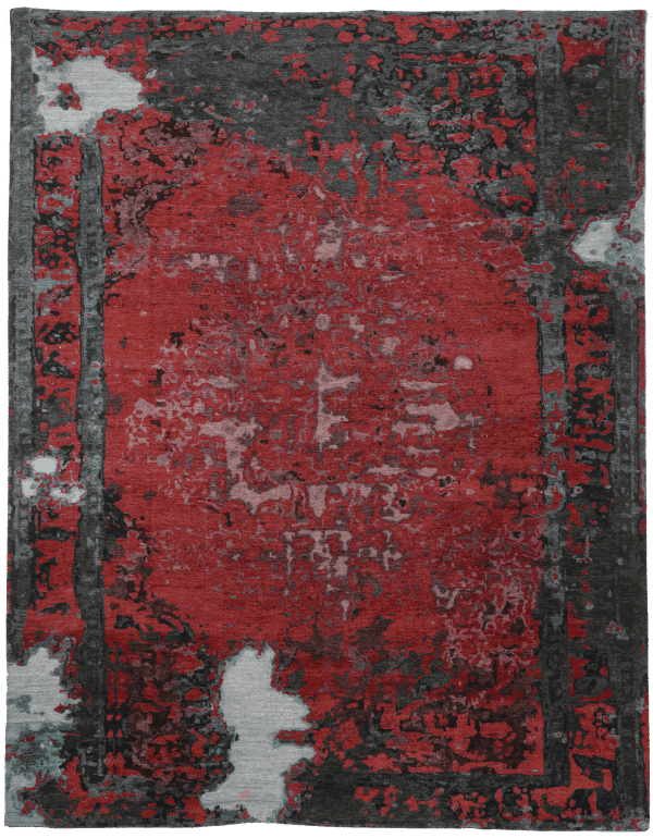 Geba carpet "Antique red GC" abstract and modern design of a classic carpet, different shades of red an grey, with a border, from Nepal, 100 knot, 100% sheep's wool - product picture - Geba carpet