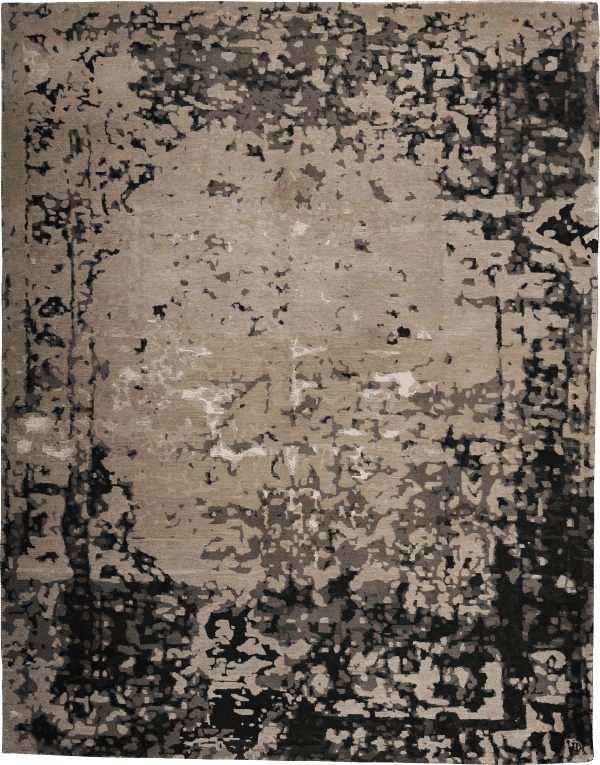 Geba Teppich "Antique grey" in abstrahierter Darstellung eines klassischen Teppichs, verschiedene grau und schwarz Töne, aus Nepal, 100 Knoten, gefertigt aus tibetischer Hochlandschafwolle - Produktbild - Geba Teppich