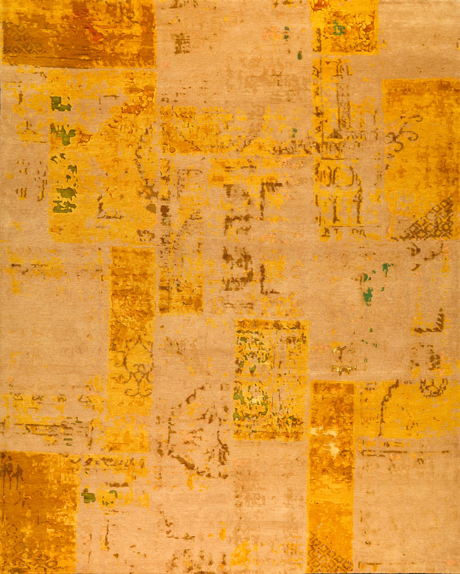Geba carpet "PW yellow silk" in different shades of yellow, patchwork and vintage look, from Nepal, 100 knot, 90% sheep's wool and 10% chinese silk - product picture - Geba carpet