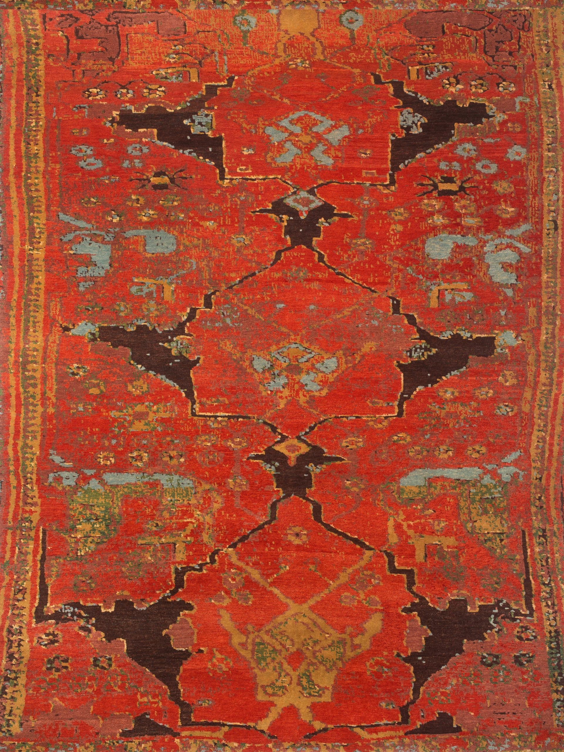 Geba carpet "Bidjar" inspired by a traditional texile, red-blue-black and beige-green border, relief cut and vintage look, from Nepal, 100 knot, made of vegetable dyed sheep's wool - product picture - Geba carpet