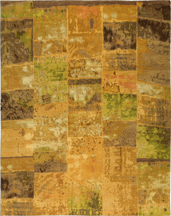 Geba carpet "PW green silk" with different shades of green/yellow and brown, patchwork and vintage look, from Nepal, 100 knot, 85% sheep's wool and 15% chinese silk - product picture - Geba carpet