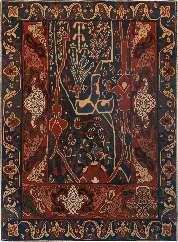 Geba carpet "Vaghire" in dark red and blue with beige details, similar to a classic carpet with floral pattern, from Nepal, 100 knot, made of vegetable dyed sheep's wool - product picture - Geba carpet