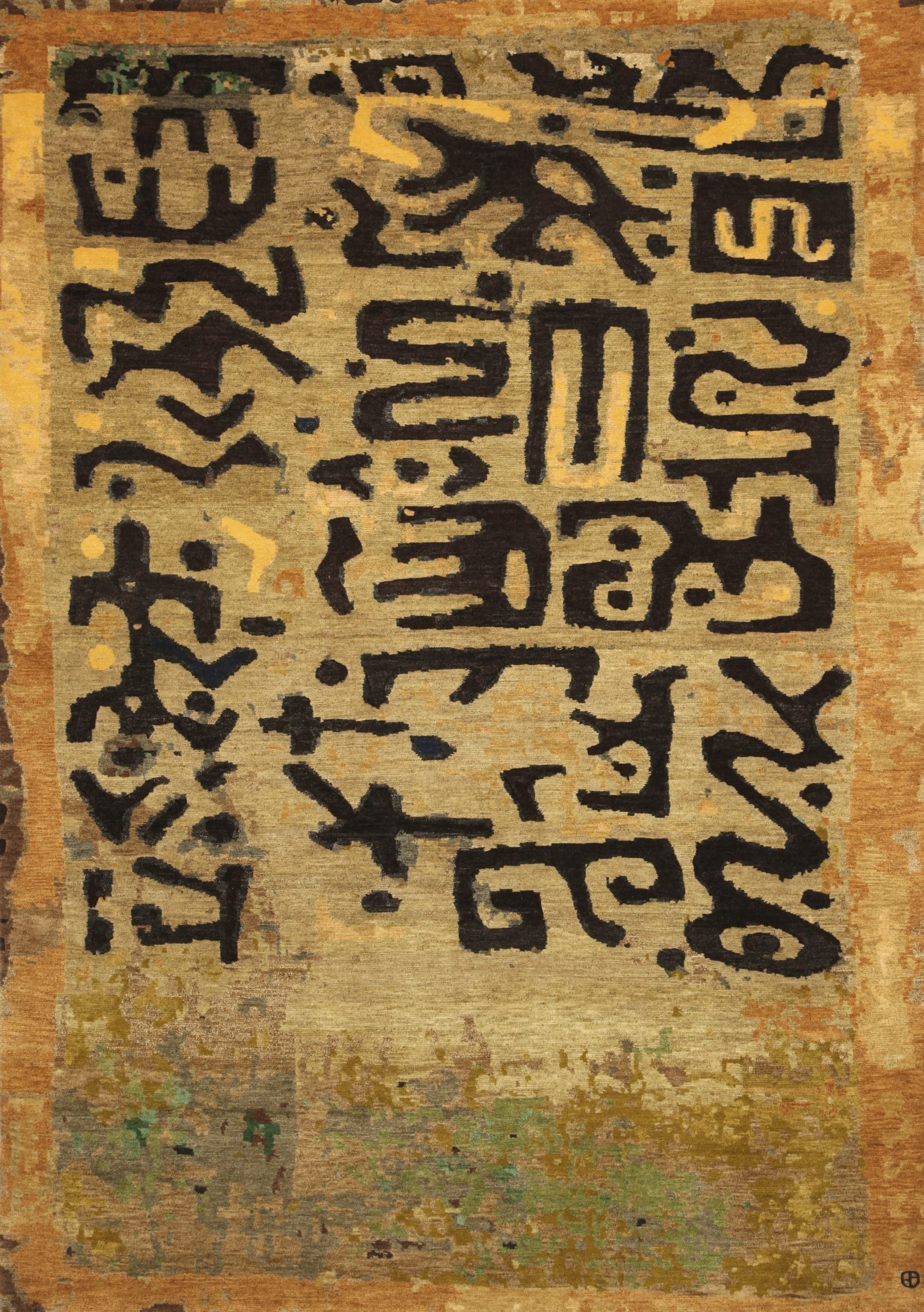 Geba carpet "Kuba" in beige and green details, big black writing in the middle, from Nepal, 100 knot, 100% sheep's wool - product picture - Geba carpet