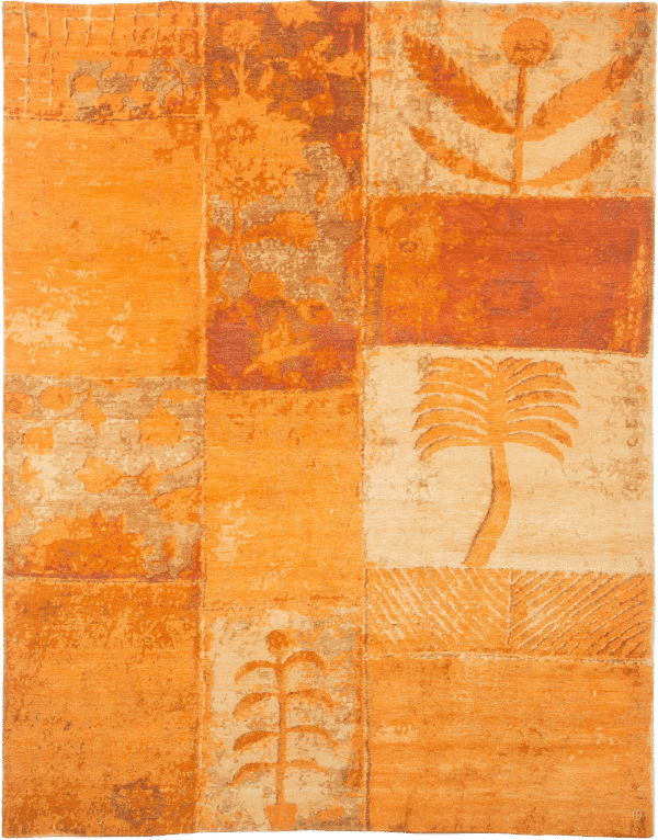 Geba carpet "PW orange" with different shades of orange and yellow, patchwork and vintage look, plant and palm motives, from Nepal, 100 knot, 100% sheep's wool - product picture - Geba carpet