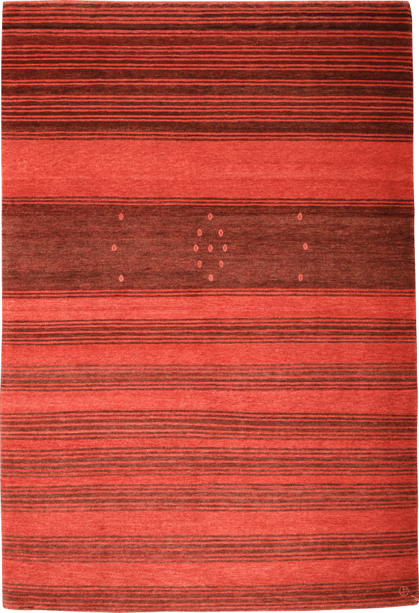Geba Teppich "Kumra red" in rot mit dunkelroten/brauen Querstreifen, einem dicken Querstreifen wo mittig ein karoförmiges Muster platziert ist, aus Nepal, 100 Knoten, gefertigt aus pflanzlich gefärbter tibetischer Hochlandschafwolle - Produktbild - Geba Teppich