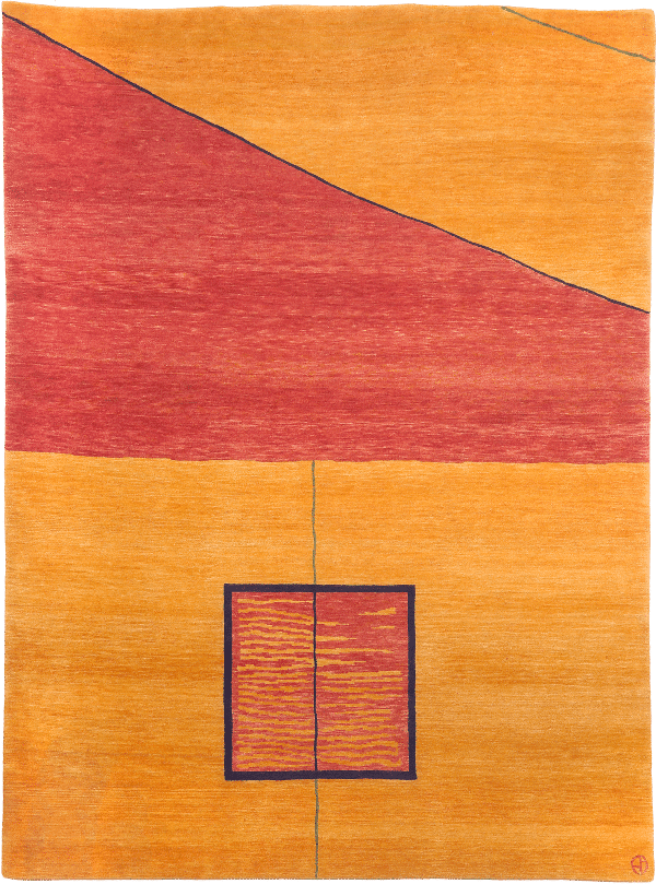 Geba Teppich "Fires" in orange und gelb, unterteilt in verschiedene Flächen, eine größere rote Fläche und einem in schwarz gerahmten Quadrat welcher innen rot-orange getigert ist, aus Nepal, 80 Knoten, gefertigt aus tibetischer Hochlandschafwolle - Produktdesign - Geba Teppich