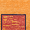 Geba Teppich "Fires" in orange und gelb, unterteilt in verschiedene Flächen, eine größere rote Fläche und einem in schwarz gerahmten Quadrat welcher innen rot-orange getigert ist, aus Nepal, 80 Knoten, gefertigt aus tibetischer Hochlandschafwolle - Produktdesign - Geba Teppich