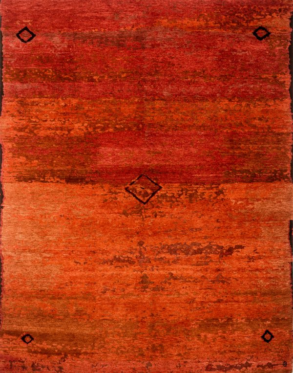 Geba Teppich "Reham red", unterschiedliche rot Töne, abstrakt und Vintagelook, mit vier schwarzen Caros in den Ecken und mittig einem größeren Caro mit einem Punkt. Aus Nepal, 80 Knoten, aus tibetischer Hochlandschafwolle - Produktbild - Geba Teppich