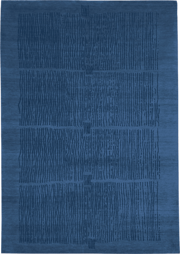Geba Teppich "Dangpo blue" in blau als Hintergrundfarbe und 4 Flächen bestehend aus feinen Linien in dunkelblau, aus Nepal, 100 Knoten, gefertigt aus tibetischer Hochlandschafwolle - Produktbild - Geba Teppich