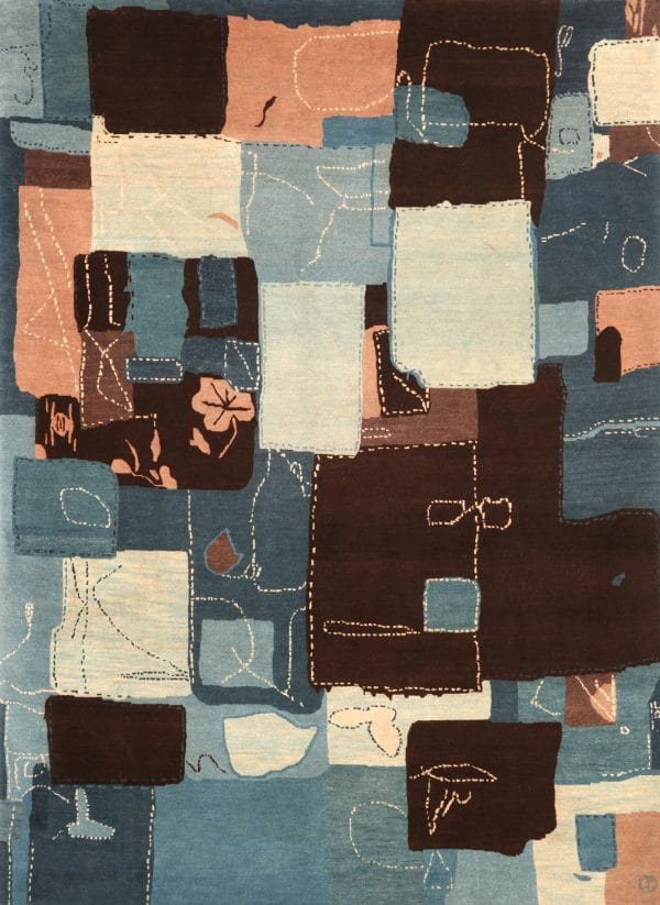 Geba Teppich "Kimono" im Patchworkdesign, Andeutungen unterschiedliche Flächen, unterschiedliche blau Töne, braun, beige und Lachs, mit Nahtartigem Muster über den ganze Teppich verteilt, aus Nepal, 100 Knoten, aus pflanzlich gefärbter tibetischer Hochlandschafwolle - Produktbild - Geba Teppich