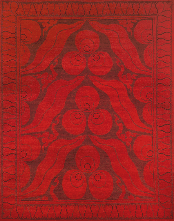 Geba carpet "Tshina" in red, inspired by classical carpets with a border, from Nepal, 80 knots, vegeteble dyed sheep's wool - product picture - Geba carpets