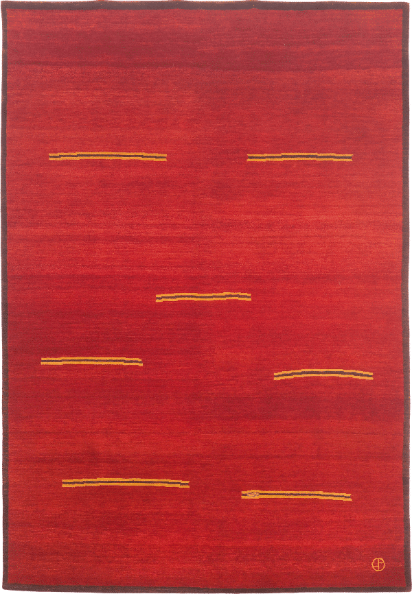 Geba Teppich "Lumbia" in rot mit dunkelroter dünner Bordüre, schlichtes Design mit 7 kürzeren Dreifachstreifen in gelb-dunkelrot-gelb, aus Nepal, 80 Knoten, aus pflanzlich gefärbter tibetischer Hochlandschafwolle - Produktbild - Geba Teppich