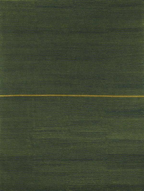Geba carpet "Yarlung green" cut and loop knots, green base color with fine blue lines and a bigger line in yellow in the middle, from Nepal, 80 knot, sheep's wool - product picture - Geba carpet