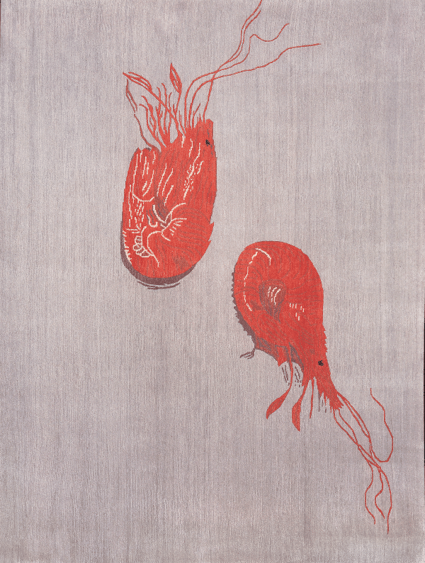 Geba carpet "Nya" with two red lobsters on a grey background, from Nepal, 100 knot, sheep's wool - product picture - Geba carpet