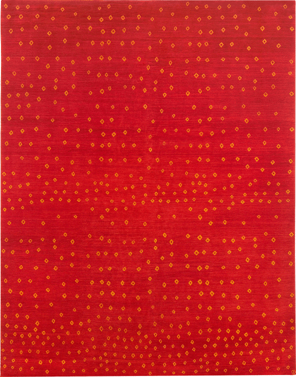 Geba Teppich "Karma red" mit zahlreichen Karos in gelb über den ganzen Teppich verteilt auf rotem Hintergrund, aus Nepal, 80 Knoten, gefertigt aus tibetischer Hochlandschafwolle - Produktbild - Geba Teppich