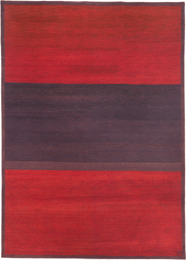 Geba Teppich "Mason red" in rot, mit einer braunen Bordüre und einem dicken braunen Streifen in der Mitte, aus Nepal, 80 Knoten, gefertigt aus pflanzlich gefärbter tibetischer Schafwolle - Produktbild - Geba Teppich
