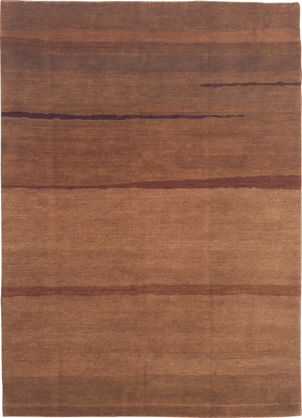 Geba Teppich "Brown" in unterschiedlichen braun Tönen, abstraktes Muster, mit fünf strichen über den Teppich in einem dunkleren braun, aus Nepal, 80 Knoten, gefertigt aus pflanzlich gefärbter tibetischer Schafwolle - Produktbild - Geba Teppich