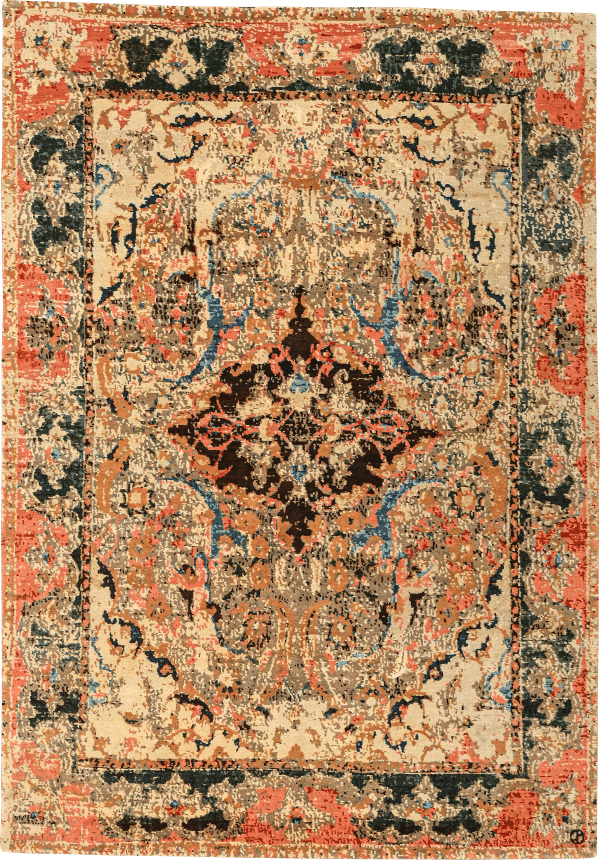 Geba carpet "Polonaise" in beige and colorful details, inspired by classic carpets with a border, from Nepal, 100 knots, vegetable dyed sheep's wool - product picture - Geba carpets
