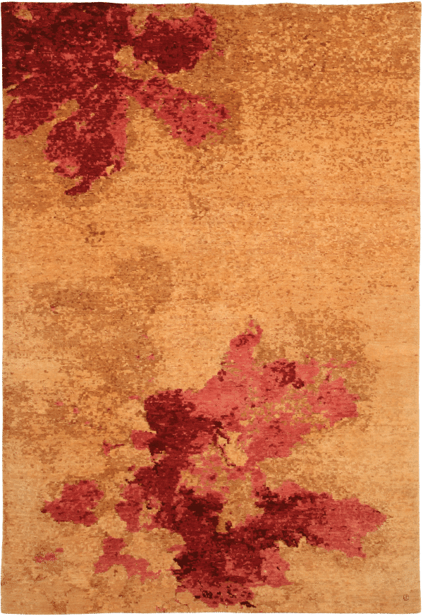 Geba carpet "Luma" with two abstract blossoms in red / pink on brown background, from Nepal, 100 knots, sheep's wool - product picture - Geba carpets