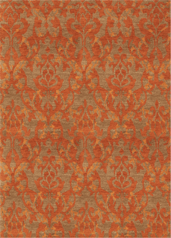 Geba Teppich "Ranked Orche" mit grau-oranger Hintergrundfarbe und einem orange bzw. hellorangen floralen Muster, aus Nepal, 100 Knoten, gefertigt aus tibetischer Hochlandschafwolle - Produktbild - Geba Teppich