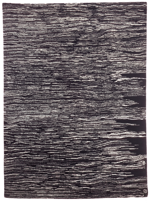 Geba carpet "Vella black", abstract design, striped in white on black background, from Nepal, 100 knot, sheep's wool - product picture - Geba carpet