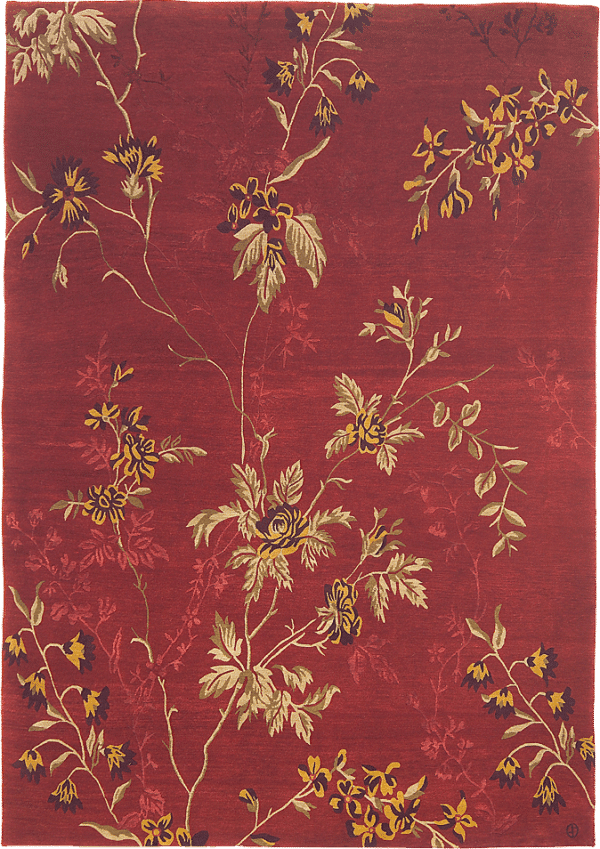 Geba Teppich "Rubin" in rot mit strauchartigem floralem Muster, aus Nepal, 100 Knoten, gefertigt aus 85% tibetische Hochlandschafwolle und 15% chinesischer Seide - Produktbild - Geba Teppich