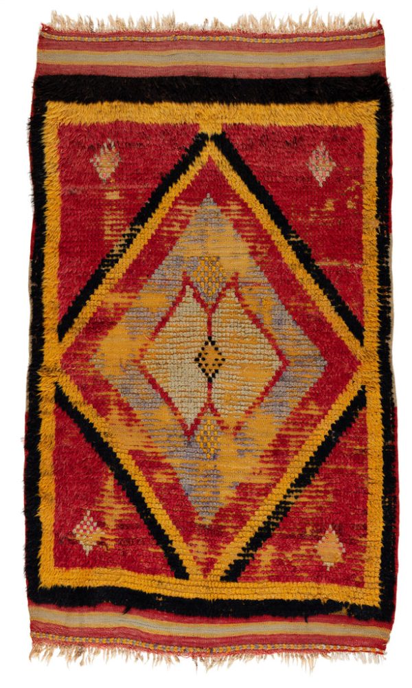 Tülü Teppich in rot-schwarz und gelb, mit Karo Muster, Fransen, aus Anatolien, ca. 80 Jahre alt, gefertigt aus Schafwolle - Produktbild - Geba Teppich