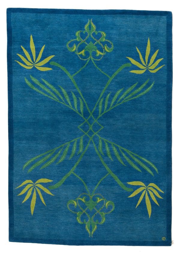 Geba carpet "Palm" in blue with dark blue border, fine palm deisgn, details with Swarovski diamonds, from Nepal, sheep's wool - product picture - Geba carpets