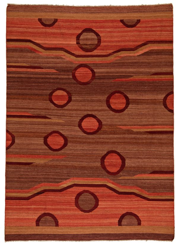 Kelim in earth tones and shades of orange, circles all over the carpet, fringes, from Afghanistan, sheep's wool - product picture - Geba carpets