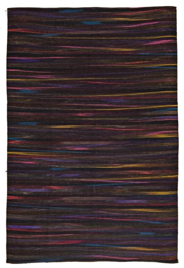 Kelim in dunkelbrauner Grundfarbe, horizontale streifen in bunten Farben verteilt über den ganzen Teppich, aus Afghanistan, gefertigt aus Schafwolle - Produktbild - Geba Teppich