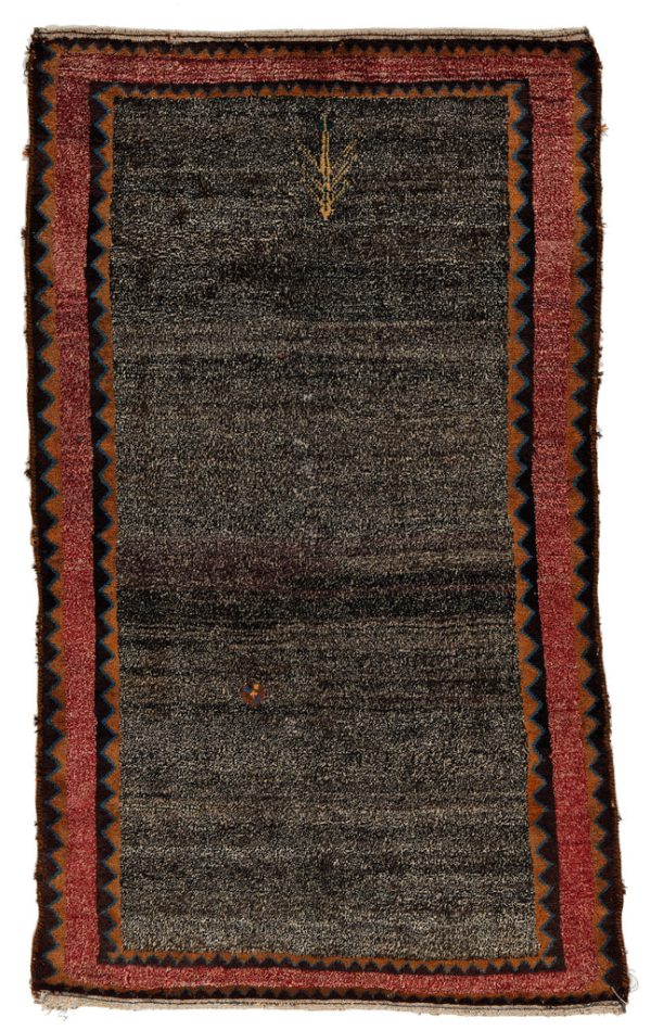 Gabbeh in grey with red border, zig zag pattern in brown and black, from Iran, sheep's wool - product picture - Geba carpets