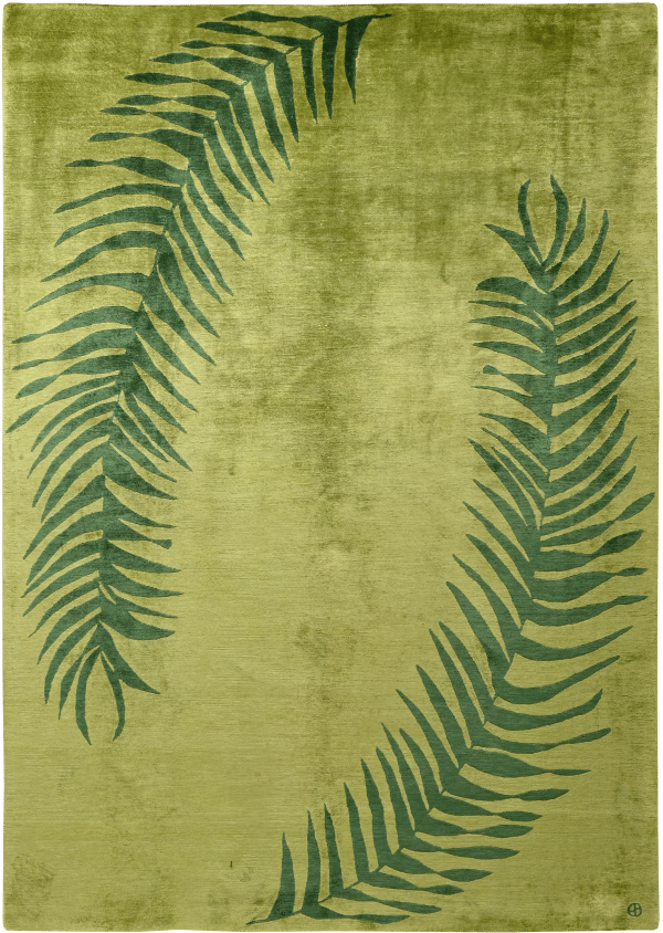 Grüner Geba Teppich, mit zwei Palmwedeln als Motiv, Seide, aus Nepal - Geba Teppich